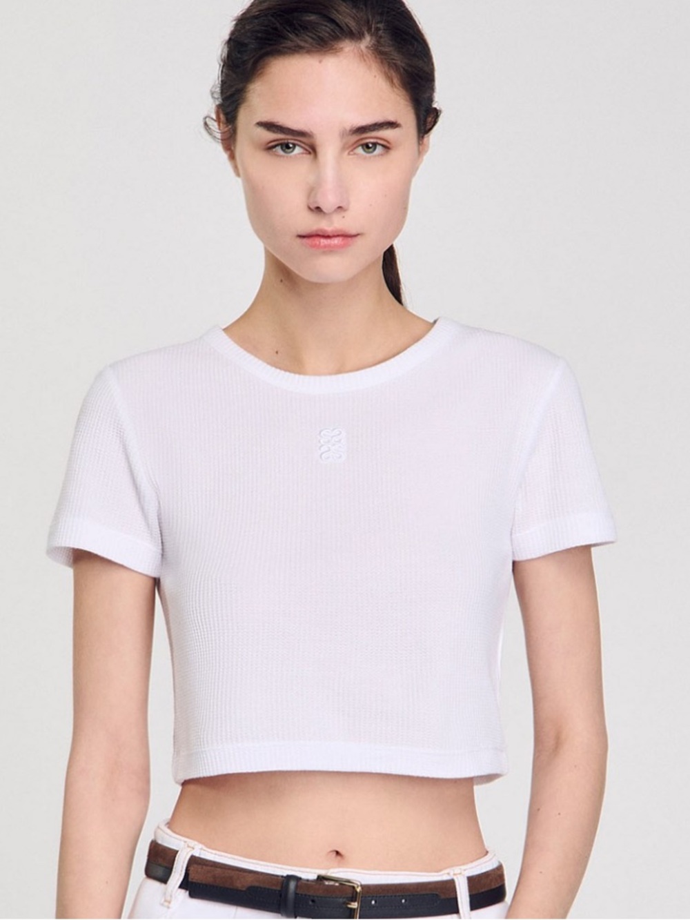 SANDRO White Ribbed Crop Top